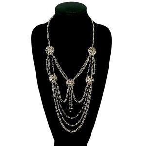SILVER SHOWSTOPPER | Silver-Tone Multi-Strand Crystal Chain Statement Necklace
